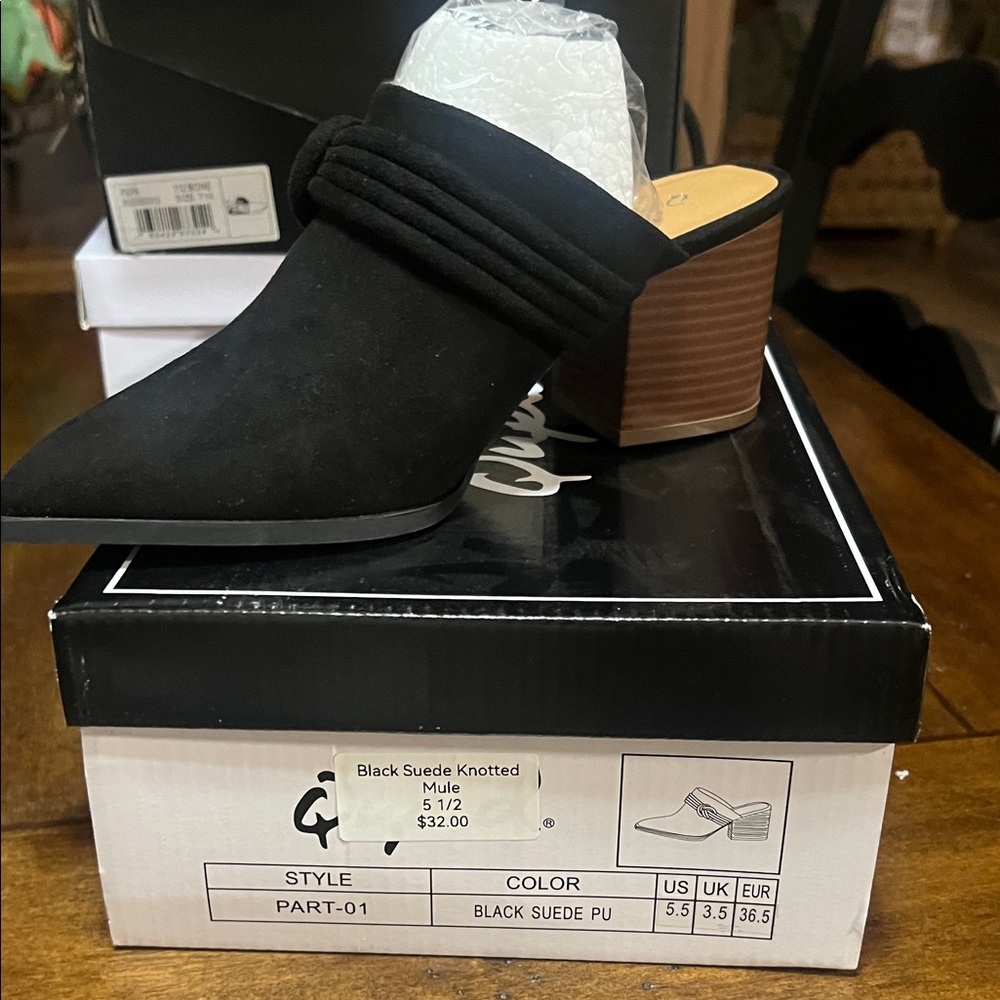 Qupid Black Suede Mules with Wooden Heel